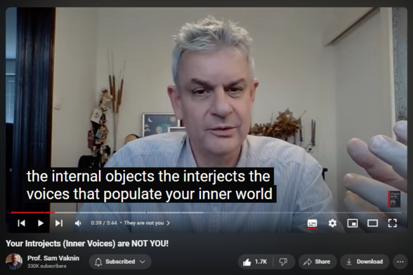 https://www.youtube.com/watch?v=WOUKysM2yI8
Your Introjects (Inner Voices) are NOT YOU!


23,648 views  19 Nov 2022  Therapies and Treatment Modalities
WATCH Change Your Inner Dialog, Narrative Plot   

 • Change Your Inner Dialog, Narrative Plot  

One of the most common attribution errors is the mistaken identification of one’s introjects with oneself.

The internal objects and voices that populate our inner world (automatic negative thoughts ANTs are a class of such voices) are not a part of our core identity - but they appear to us to be so.

Therapies - from CBT to schema and gestalt therapies - silence these echos of meaningful others.

Find and Buy MOST of my BOOKS and eBOOKS in my Amazon Store: https://www.amazon.com/stores/page/60...