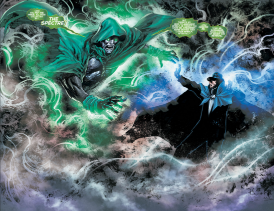 lots of smoke and fog, a large double splash page, the spectre is coming out of the smoke, his monstrous and large ghostly body glowing with green energy, phantom stranger's smaller figure stands defiant, his hand held up 