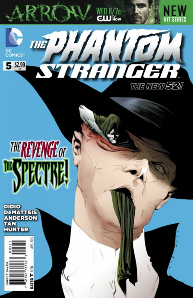 the cover of the comic book, at the top in the upper left is the 'dc comics' logo, in silver letters it says 'the phantom stranger' and in smaller letters under it says 'the new 52!' and on the left side it says 'the revenge of the spectre!' , the illustration is of a phantom stranger, seen from the collarbones up, wearing his suit, he is deflated and wilting, the spectre is crawling from his eye, his long green cape hanging from phantom stranger's mouth, a solid sky blue background 