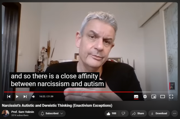 https://www.youtube.com/watch?v=k5E1ZE3qXv0
Narcissist's Autistic and Dereistic Thinking (Enactivism Exceptions)

18,831 views  15 Jun 2023  Mind of the Psychopathic Narcissist
Scroll down this description for links!!!

Autistic and dereistic thinking are the only exceptions to enactivism.

Ways of relating to reality, experience, logic, and to other people. 

Fantasy-infused thoughts (dereism) or narcissistic and egocentric self-absorption (autistic).

These patients’s illogical and idiosyncratic cognitions derive from an overarching and all-pervasive daydreaming or fantasy life. They infuse people and events around them with completely subjective meanings.

They regard the external world as an extension or projection of the internal one.
 
Such patients often withdraw completely and retreat into his inner, private realm, unavailable to communicate and interact with others.

Examples: autists, narcissists, paranoids, delusional (religious).

Mindful Wealth Mastery AI channel https://www.youtube.com/@mindfulwealt...