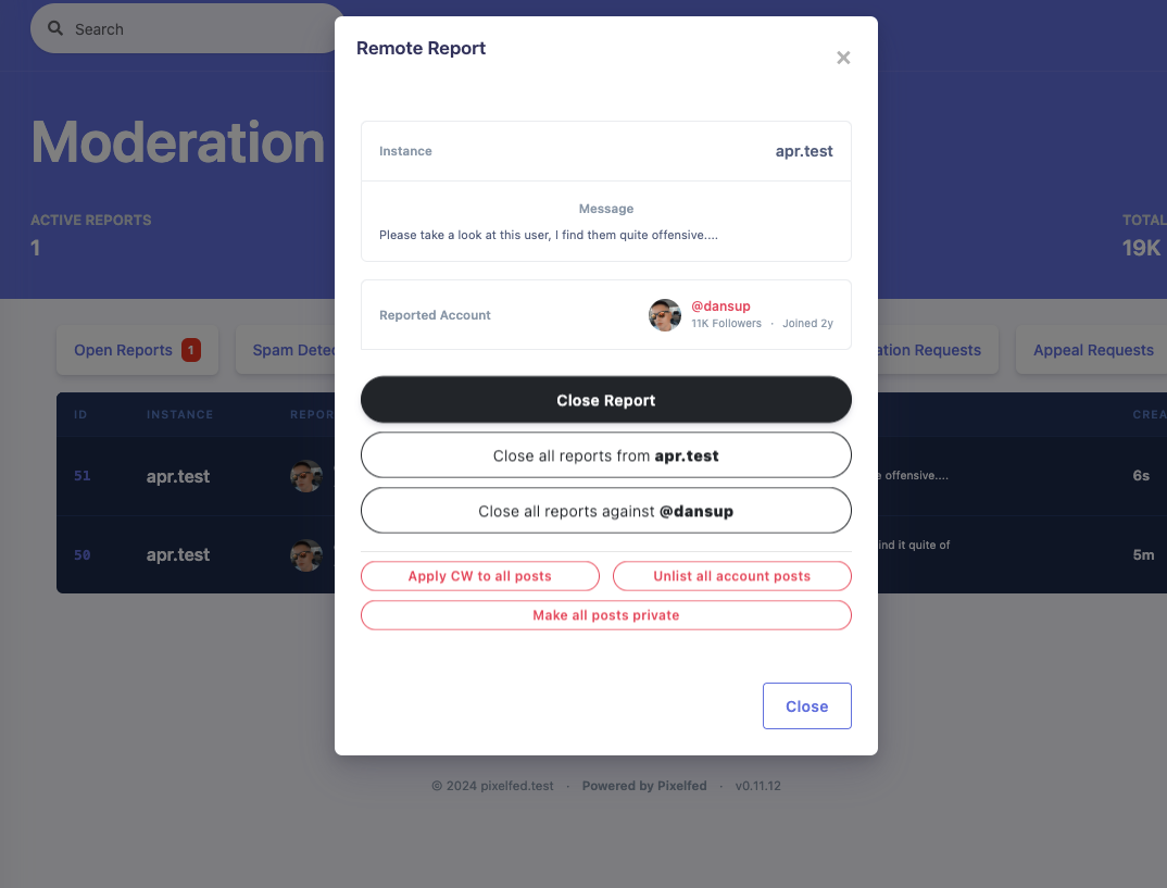 Pixelfed remote reports UI