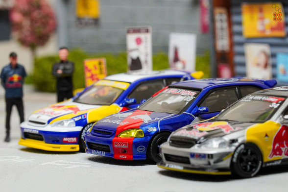 3 cars of Honda Civic Type-R EK9 No Good Racing Red Bull Livery by INNO64 in 1:64 scale with 1:64 figure on area 164
