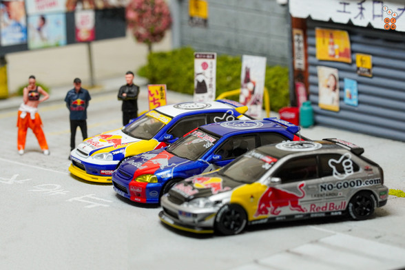 3 cars of Honda Civic Type-R EK9 No Good Racing Red Bull Livery by INNO64 in 1:64 scale with 1:64 figure on area 164