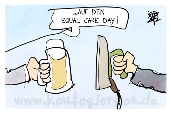 Karikatur: Ein Mann hebt sein Bierglas und sagt Auf den Equal care day! Die Frau stößt mit ihrem Bügeleisen an
