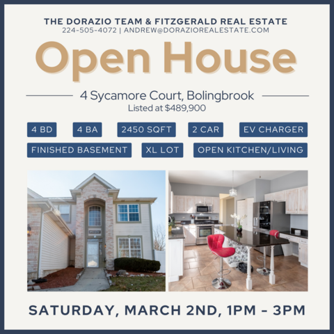 Open House at 4 Sycamore Court, Bolingbrook, IL 60490 hosted by Dorazio Real Estate and Fitzgerald Real Estate. Saturday, March 2 1PM-3PM.