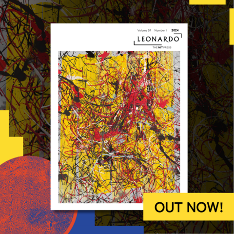 Graphic image showcasing Leonardo Journal Volume 57, Issue 1. The cover looks like splattered paint; mainly, yellow, red, white and black.About the cover: Dario Lanza, Catharsis #821—In the Mood, 2022. Creative Commons CC BY-NC 4.0 License. See the article in this issue by Dario Lanza “Designing a Long-Structure NFT Generative Art Project.” 