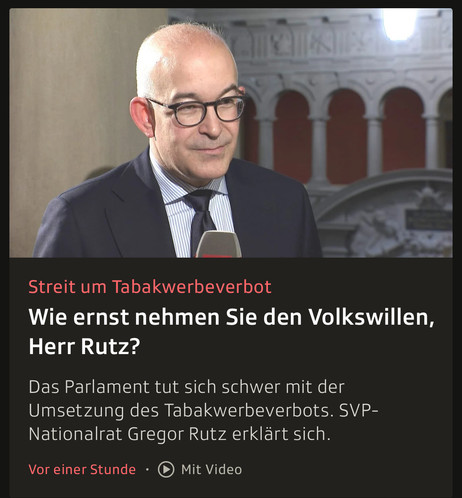 Screenshot eines SRF-Artikels / - Interviews mit Gregor Rutz mit dem Titel:
Wie ernst nehmen Sie den Volkswillen, Herr Rutz?