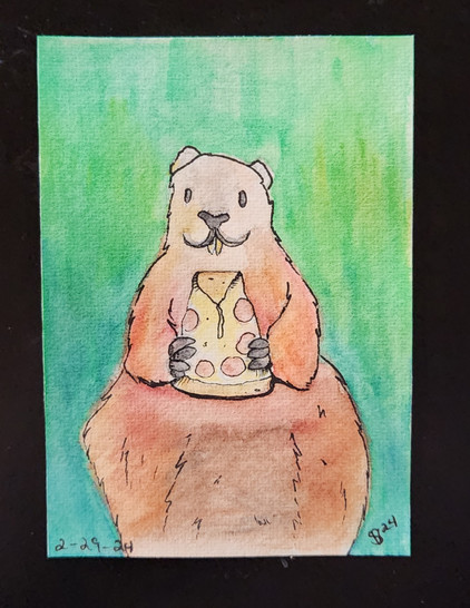 Watercolor painting of a happy woodchuck eating a slice of pepperoni pizza