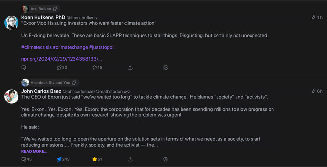 Screenshot of two toots on Mastodon, one where ExxonMobile executives admit we’ve waited too long to tackle climate change.

The other, where they’re suing shareholders and investors who want faster climate action.