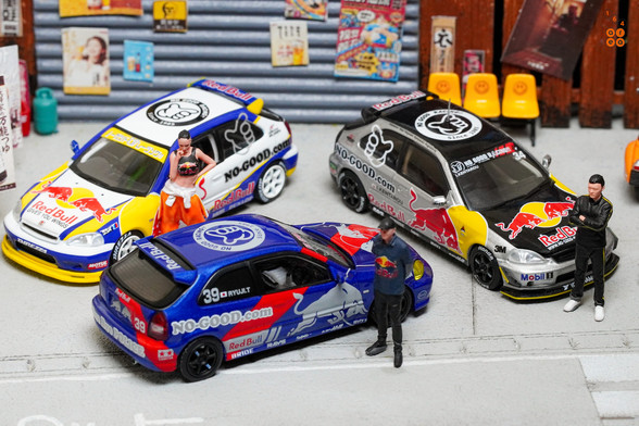 3 cars of Honda Civic Type-R EK9 No Good Racing Red Bull Livery by INNO64 in 1:64 scale with 1:64 figure on area 164