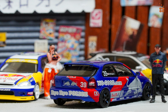 3 cars of Honda Civic Type-R EK9 No Good Racing Red Bull Livery by INNO64 in 1:64 scale with 1:64 figure on area 164