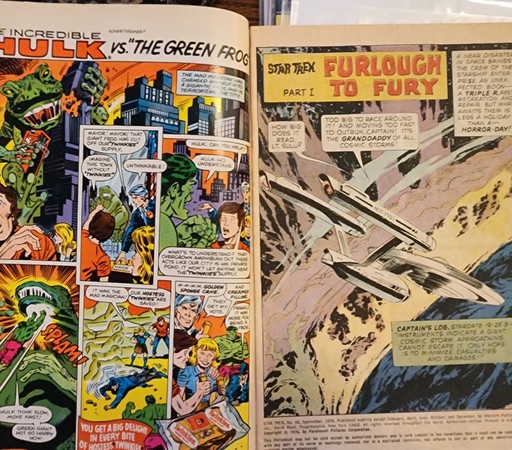 Opening page of Star Trek #40 from Whitman (1976). Inside cover is a Hostess Twinkee ad with Hulk thwarting a giant frog to save Twinkies. The opposite page is the splash featuring the U.S.S. Enterprise