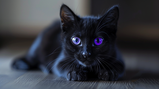 A young black cat with bright purple eyes