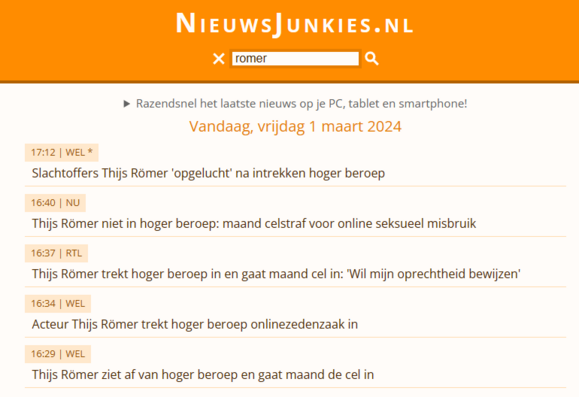 https://NieuwsJunkies.nl screenshot met `romer` als zoekargument.