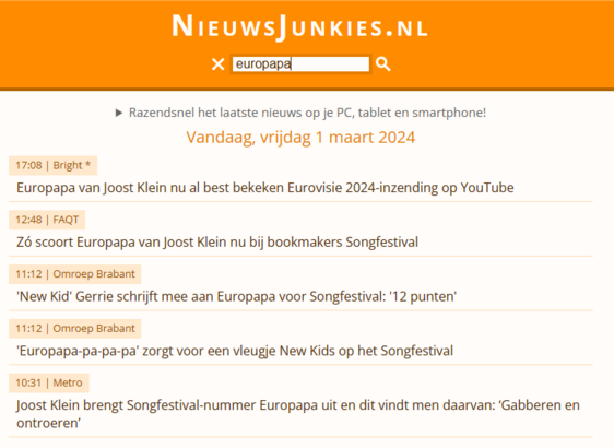 https://NieuwsJunkies.nl screenshot met `europapa` als zoekargument.
