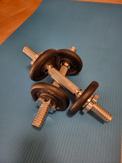 This image captures a fitness scene, featuring a pair of dumbbells neatly positioned on a blue mat. The mat's vibrant shade contrasts against the neutral, grey tones that dominate the background, suggesting an indoor setting, possibly a home gym or a fitness studio. The focus on the dumbbells, with their sleek, metallic appearance, indicates they are the primary subject of the photo. The absence of any human presence allows the viewer to concentrate on the equipment itself, perhaps invoking a s…