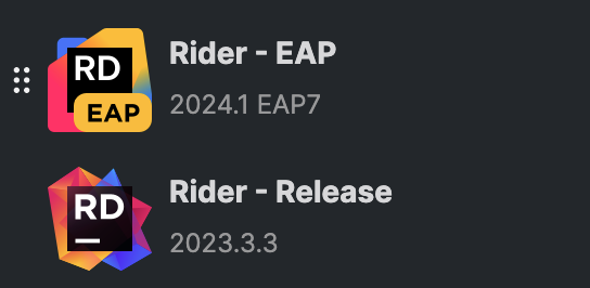 New JetBrains Rider icon next to old one.