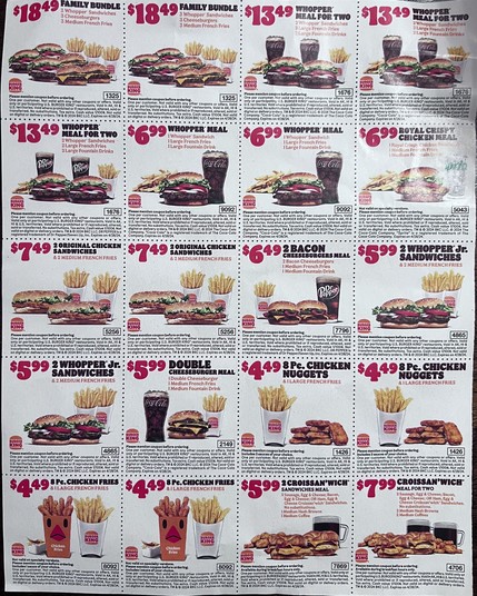Picture of a Burger King flyer with all of the coupons and codes for the coupons listed prominently