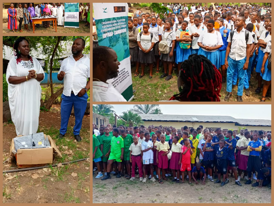 Collage und Video zeigen die Übergabe von 25 Laptops von der NGO OPFRAD an eine Schule in Kamerun. Die Fotos der Collage zeigen einen Tisch vor einem Schulgebäude mit Lehrerinnen und Lehrern. Eine Dame in einem weißen Kleid erklärt die Zusammenarbeit mit Labdoo und die Chance für die Kinder.