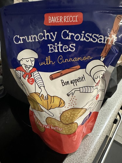 Photo of a bag of Crunchy Croissant Bites with Cinnamon, produced by Baker Ricci.