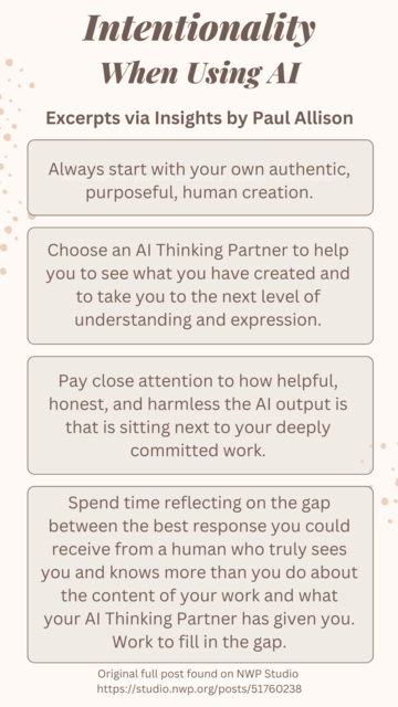 CHART: Intentionality When Using Al 

Excerpts via Insights by Paul Allison 

Always start with your own authentic, purposeful, human creation. 

Choose an Al Thinking Partner to help you to see what you have created and to take you to the next level of understanding and expression. 

Pay close attention to how helpful, honest, and harmless the Al output is that is sitting next to your deeply committed work.

Spend time reflecting on the gap between the best response you could receive from a human who truly sees

you and knows more than you do about the content of your work and what your Al Thinking Partner has given you. Work to fill in the gap. 

Original full post found on NWP Studio https://studio.nwp.org/posts/51760238 