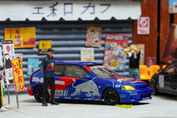 Honda Civic Type-R EK9 No Good Racing Red Bull Livery by INNO64 in 1:64 scale with 1:64 figure on area 164