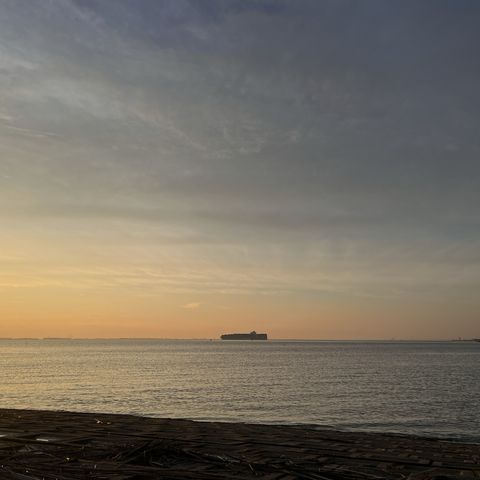 far away container ship on a river