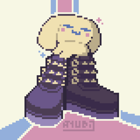 A Pixel Art Redraw of a Cinnamoroll plushie, wearing some tall, dark boots with a few spikes. In the pixel art redraw, Cinnamoroll has his eyes closed, while there's some sparkles around him. There's also a trail for the background, that goes from behind Cinnamoroll to in front of him.