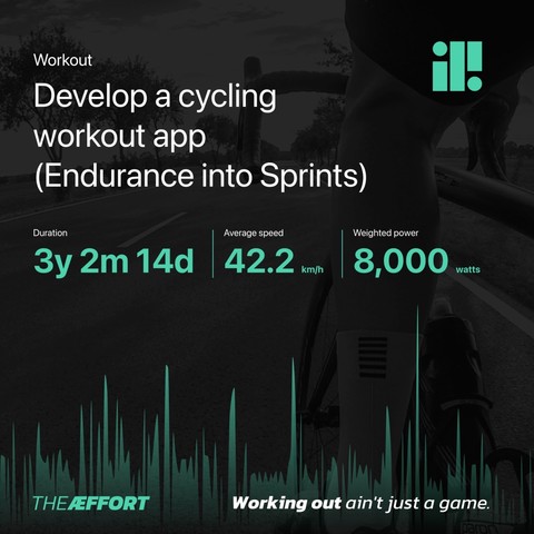 A workout share graphic that’s intended to be uploaded to social media with workout stats.

Here it is modified showing a duration of 3 years, an average speed of 42 kph and 8000 watts average power.

The creator thinks that this is funny. 