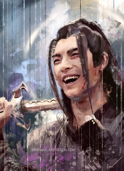Portrait of the actor Wang Haoxuan as Xue Yang from The Untamed. He is laughing with his mouth open, and is carelessly holding a sword with his right hand, partially hidden behind his head. The main colours are blues and purples, and a bright halo surrounds the character.
