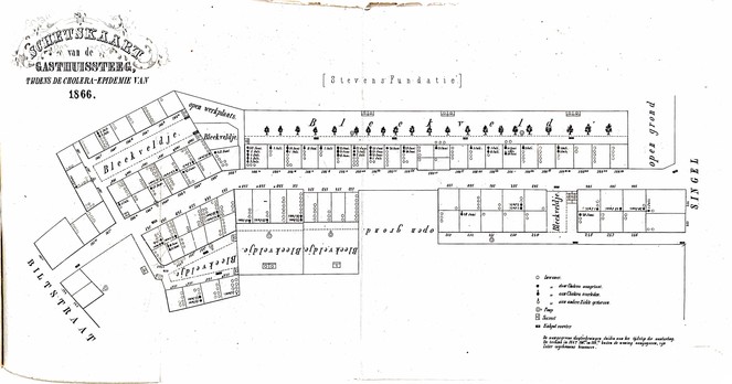 Map of the cholera epidemic in 1866
(sketch map of Utrecht), focussed on Gasthuisteeg

from: Local spread of the cholera epidemic, by H. Snellen, Utrecht, 1866

Line drawing of a street showing individual buildings, indicating deaths, illnesses and pumps. 