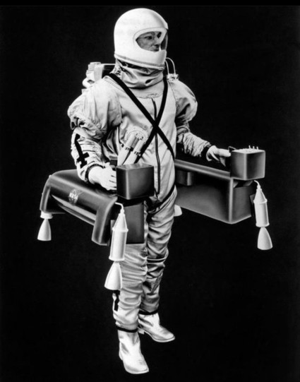 Artist rendition of a single-person lunar jetpack with astronaut