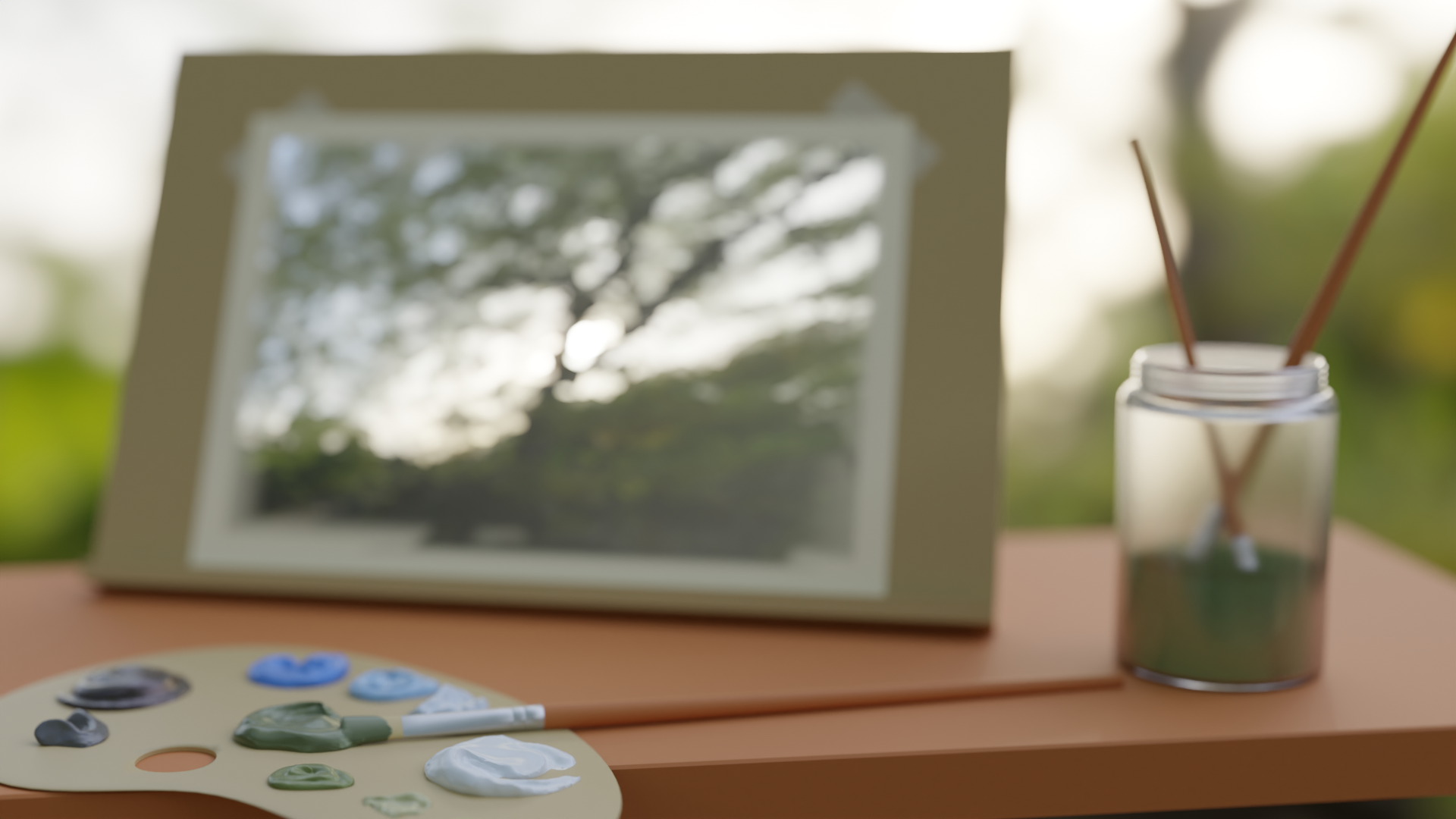 A 3D scene showing a paint palette sitting on the edge of a table with various blobs of coloured paint and a paintbrush. Also on the table are an out of focus jar with more paint brushes soaking, and a desk easel with a painting of the same forest that makes the even-more-out-of-focus background