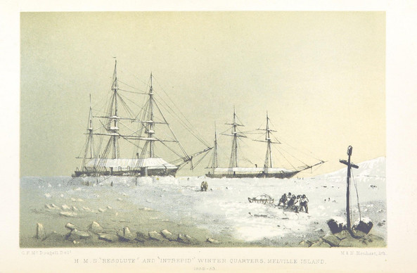 HMS Resolute und HMS Intrepid im Winterquartier bei cape Cockburn, gezeichnet von Frederick McDougall