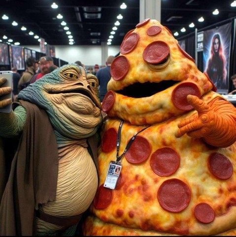 picture of Jabba the Hutt taking a selfie with Pizza the Hut...