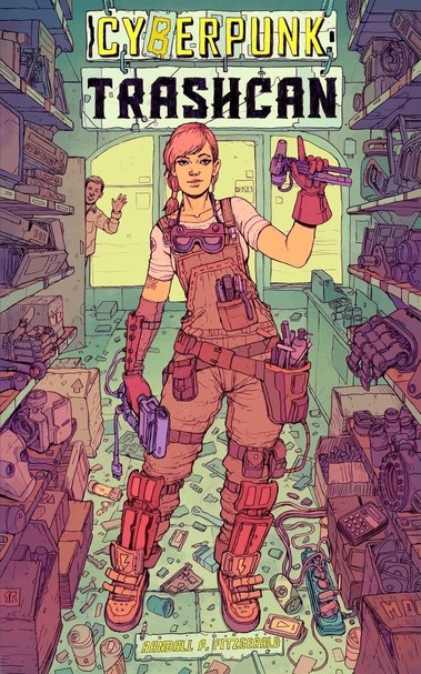 An illustration of a woman in overalls, standing in an aisle between two shelves cluttered with machines and electronics. The floor is also covered in smaller pieces of technology. Behind the woman is a large sign on the wall reading Cyberpunk Trashcan.