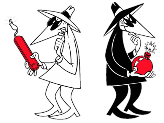 The two spies from spy vs spy eat with a long, black and white triangular nose