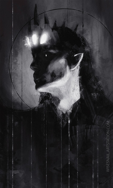Black and white concept portrait of Morgoth from The Silmarillion. His face is in the dark, and the only brightness come from his visible eye and the three gems of his crown. A series of vertical lines and a black halo complete the portrait.