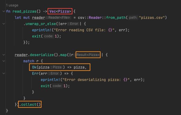Rust code starts here:

fn read_pizzas() -> Vec<Pizza> {
    let mut reader = csv
