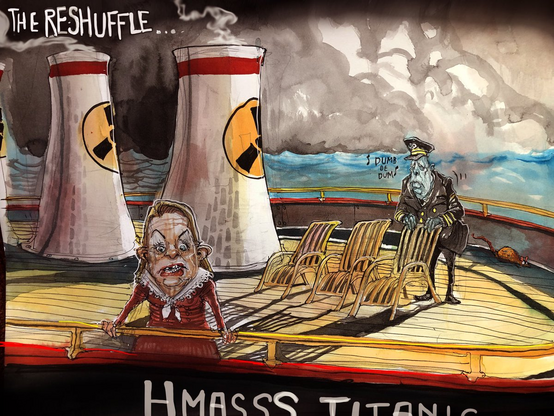 THE RESHUFFLE
We are in the mind of the albatross looking on to the prow of the HMASSS TITANIC. The funnels are a bit like a smokestack with steam rising but they are labelled with a their Radioactive Nuclear Radiation Signs. The captain Dutton stands in the background, arms resting on the passengers' deck chairs looking over at his girl a mad faced Sussan; seas are building & the sky is turning black. He sings a little tune 'DUMB DE DUM' 