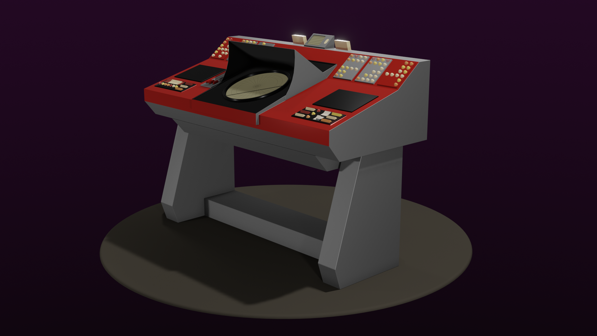 A render of a transporter console from the original Star Trek TV series. It's red, with various translucent coloured buttons and switches flanking a circular readout in the centre of the console covered by some kind of hood or shield to reduce glade. The iconic three sliders are just visible on the far side of that hood, and along the top are two unlit lights on either side of a communications speaker.