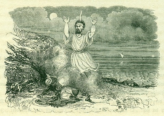 Woodcut illustration of a fisherman on the beach watching in horror as a giant genie escapes from his bottle