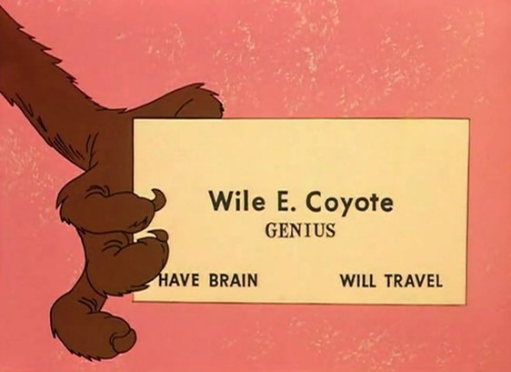 Wile E. Coyote brown hand holding a business card in yellow pink paper on pink background. Black text:
Wile E. Coyote
GENIUS
HAVE BRAIN
WILL TRAVEL