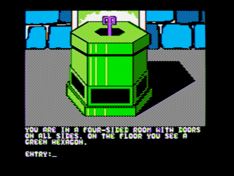 gameplay screenshot from "Questmaster I": "You are in a four-sided room with doors on all sides. On the floor you see a green hexagon."