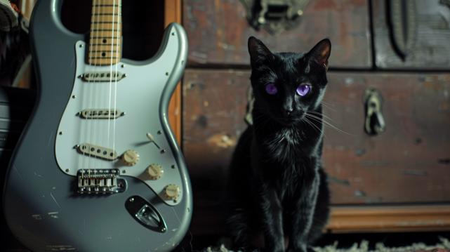 A black cat with purple eyes stands next to a guitar
