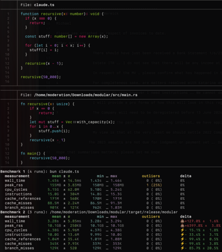 Screenshot of recursion code in Typescript and Rust followed by benchmark results
