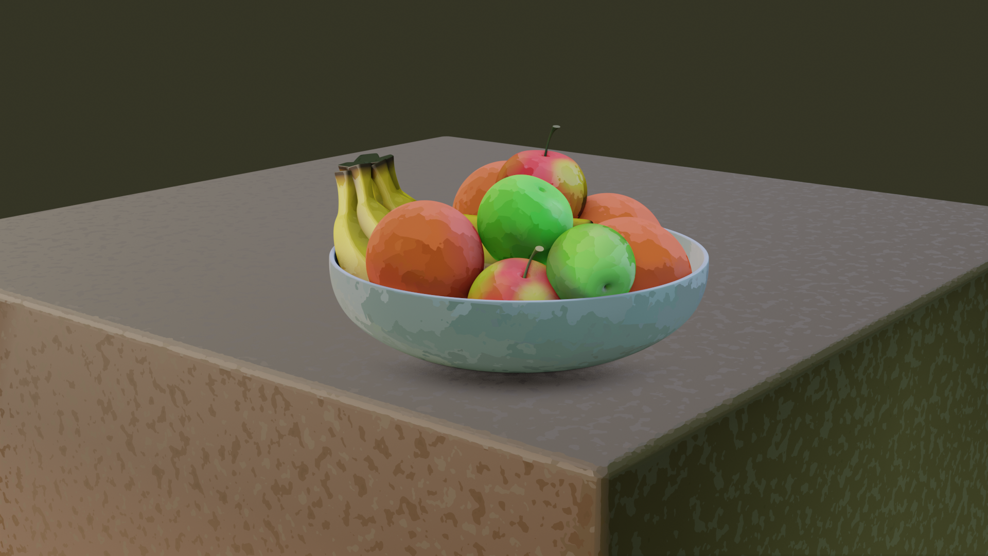 A white bowl containing oranges, red apples, green apples, and bananas sits on top of a light brown tablecloth. The scene is rendered in a style that gives organic blobs of flat colour rather than smooth or polygonal shading.