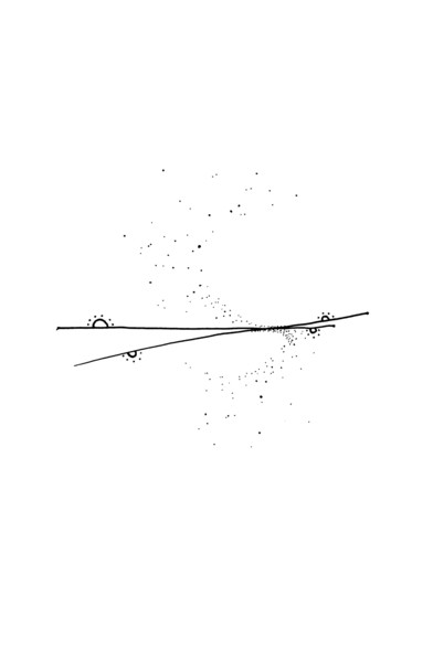 Dessin abstrait en noir et blanc. Présence de lignes d'horizon et de soleils