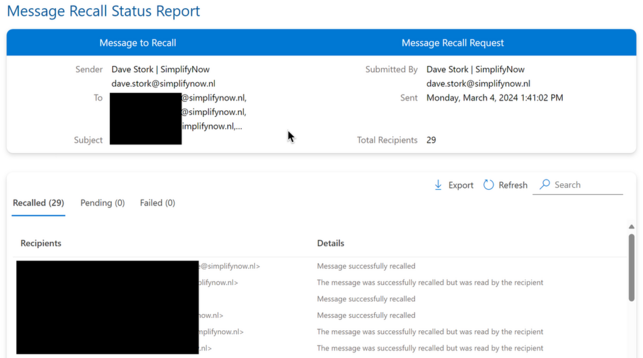 Screenshot of the Exchange Online Message Recall Status Report webpage with relevant information on the recall: sender, recipients, subject, recall submitter, recall state including if it was read. 