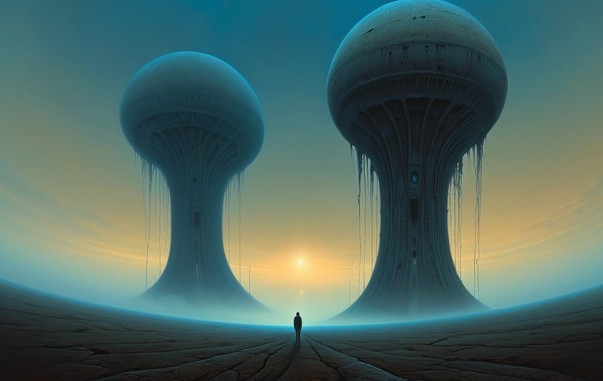 Two large alien-like towers with a person standing in between, under a misty sky at sunrise or sunset.